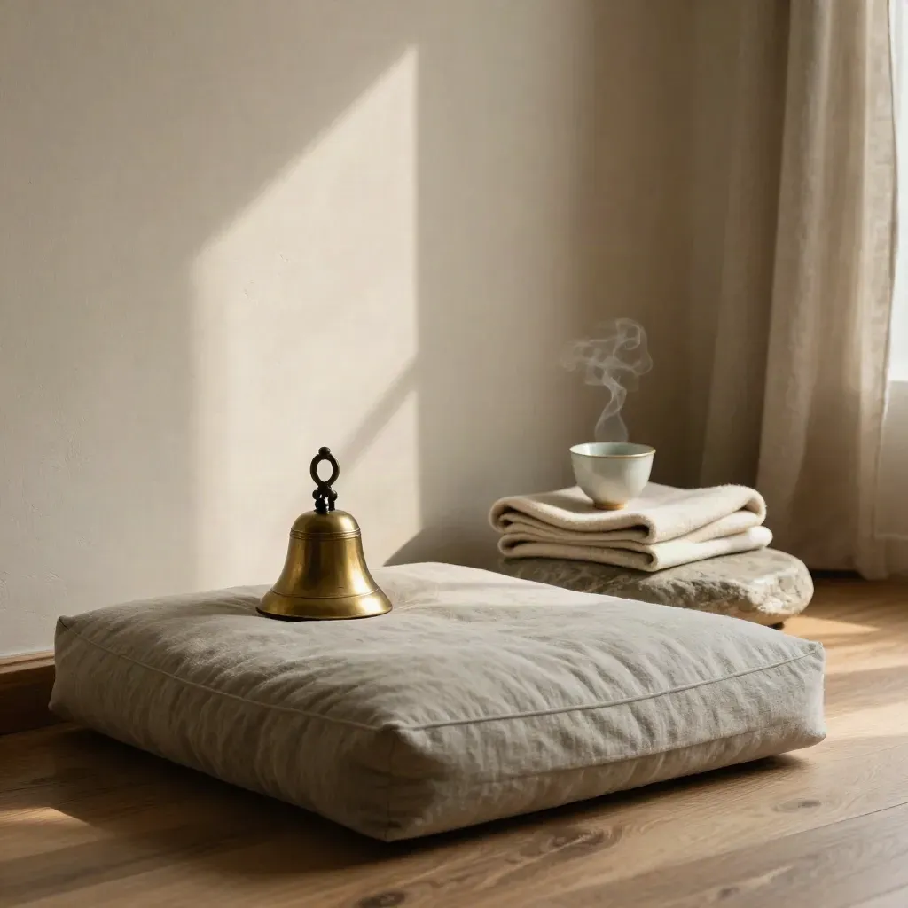 Mindfulness nook with cushion, bell, tea cup, blanket, and stone mat in warm window light.