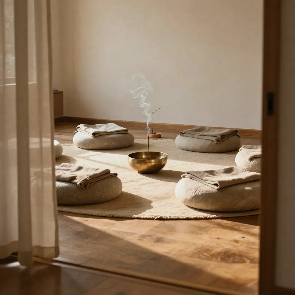 Empty meditation cushions and singing bowl in a sunlit studio with incense smoke.