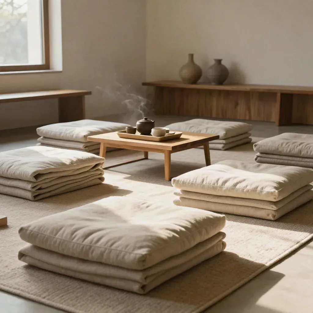 Calm workshop room reset with cushions, folded blankets, tea service, and a neutral wool rug.