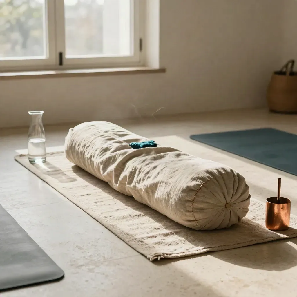 Breathwork setup with bolster, mat, carafe and copper chime by a bright window