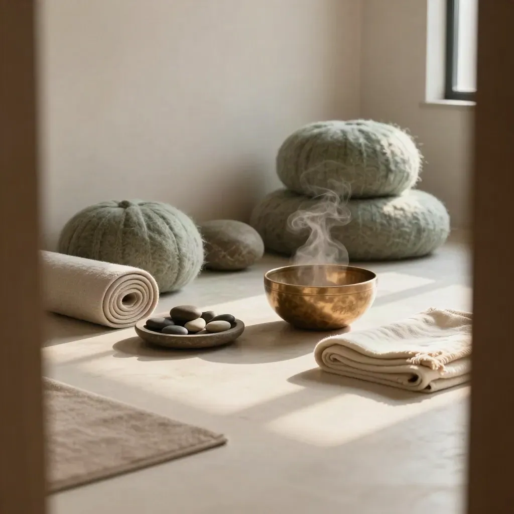 Moody sunrise wellness studio with mat, bolsters, singing bowl, pebbles and blanket.