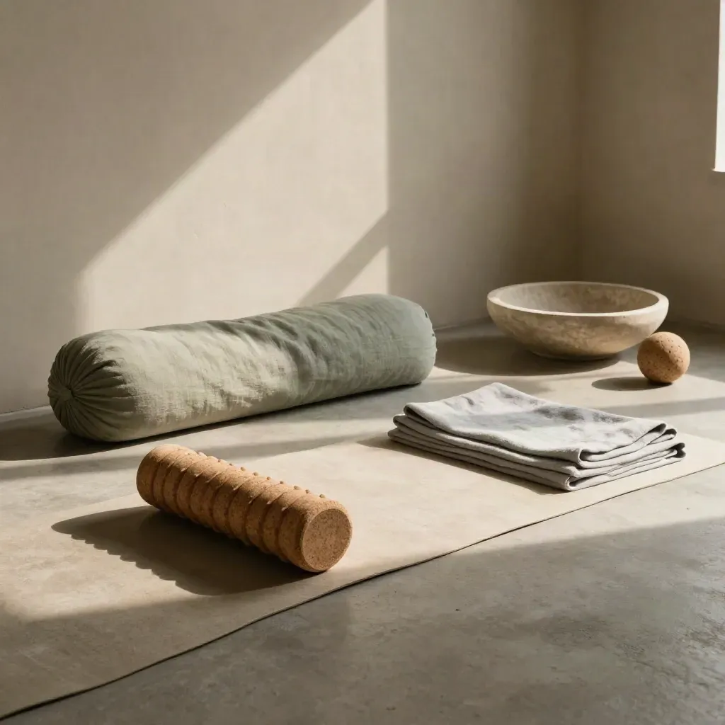 Somatic awareness tools arranged in a moody wellness corner with a cork roller and linen bolster.