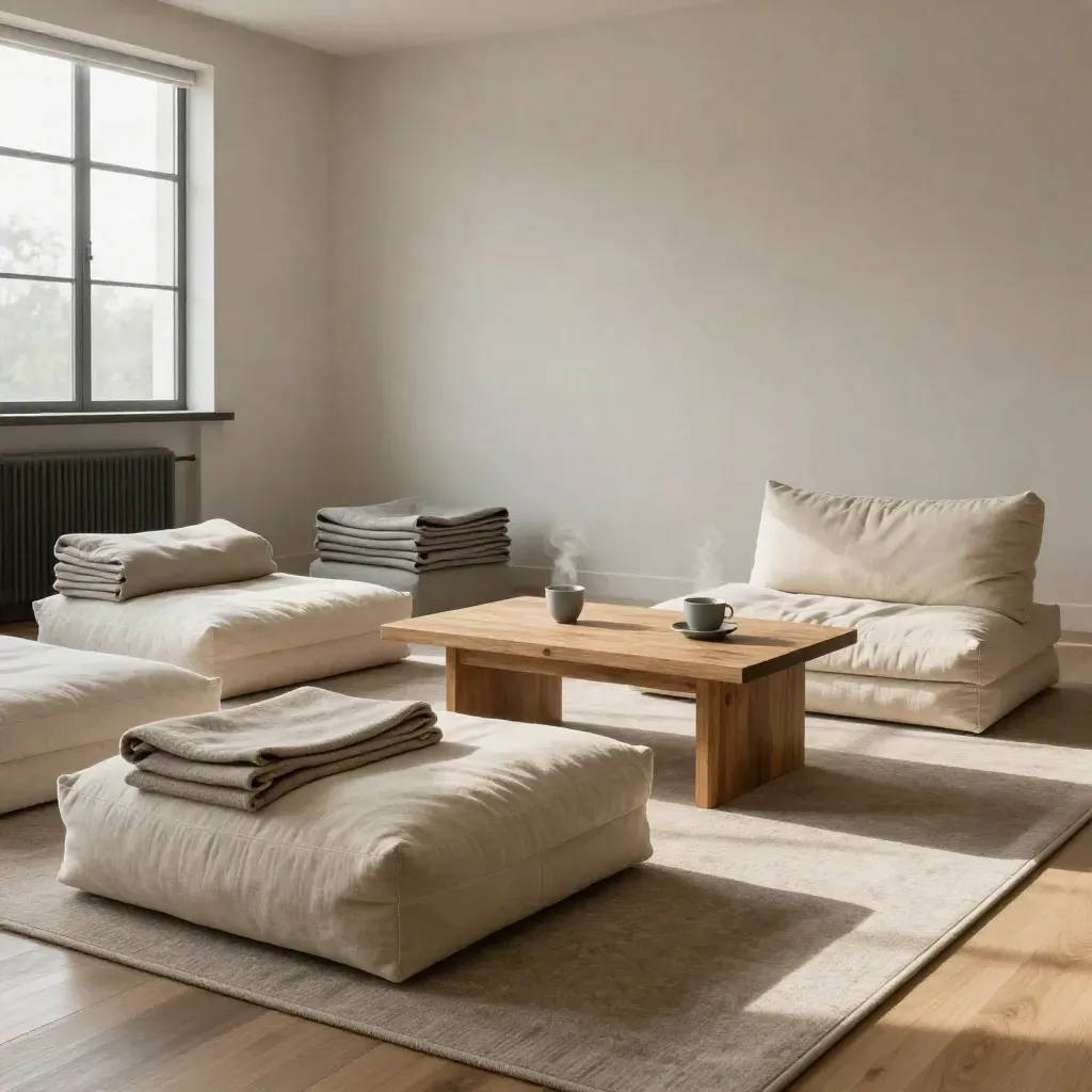 Empty breakout room reset with cushions, tea, and soft steam in calm daylight.