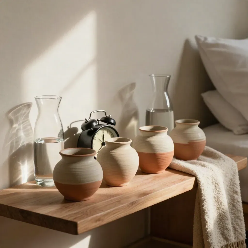 Ceramic vessels, alarm clock, carafe and folded blanket on a bedside shelf in warm window light.