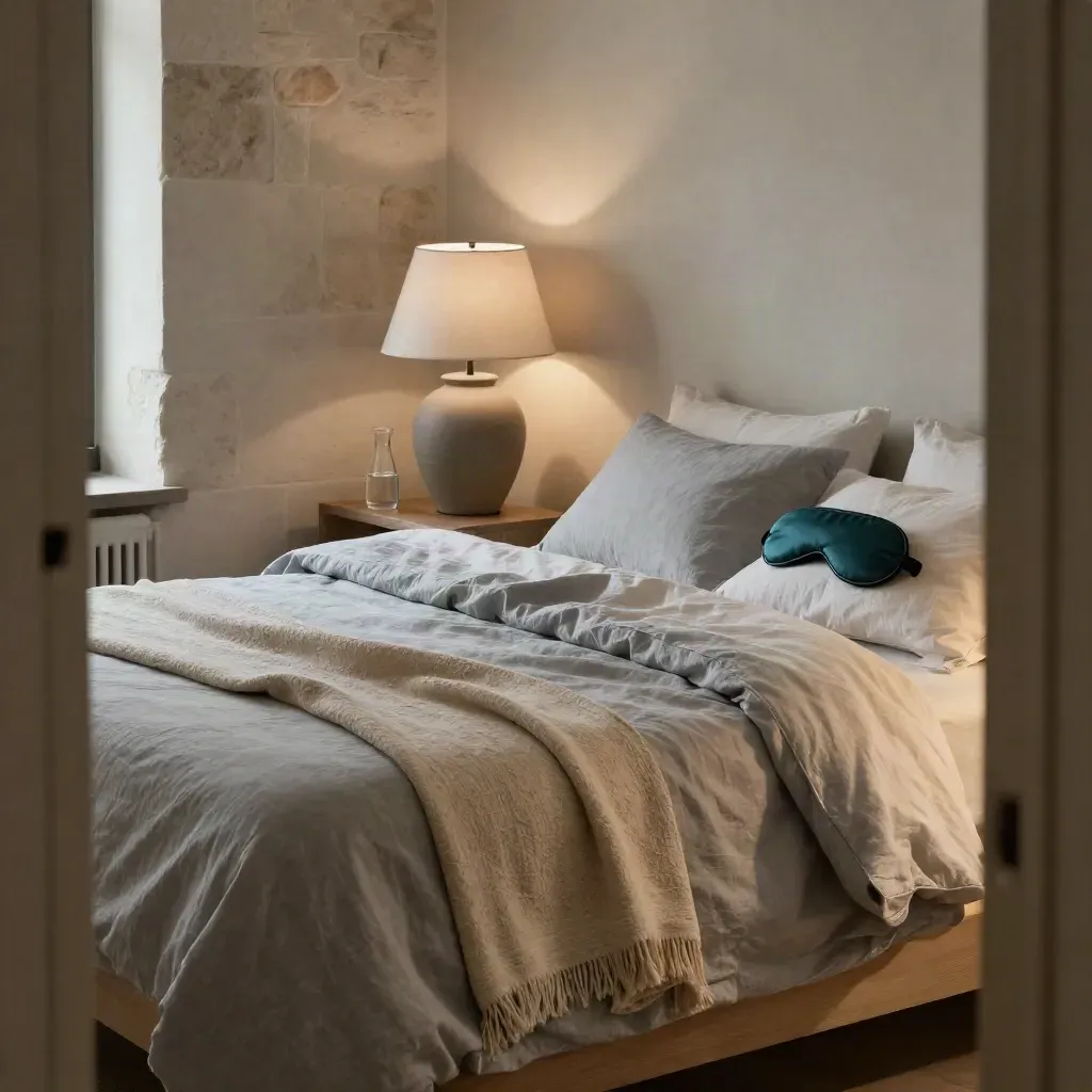 Serene bedside setup with linen bedding, lamp, carafe, eye mask, and folded blanket