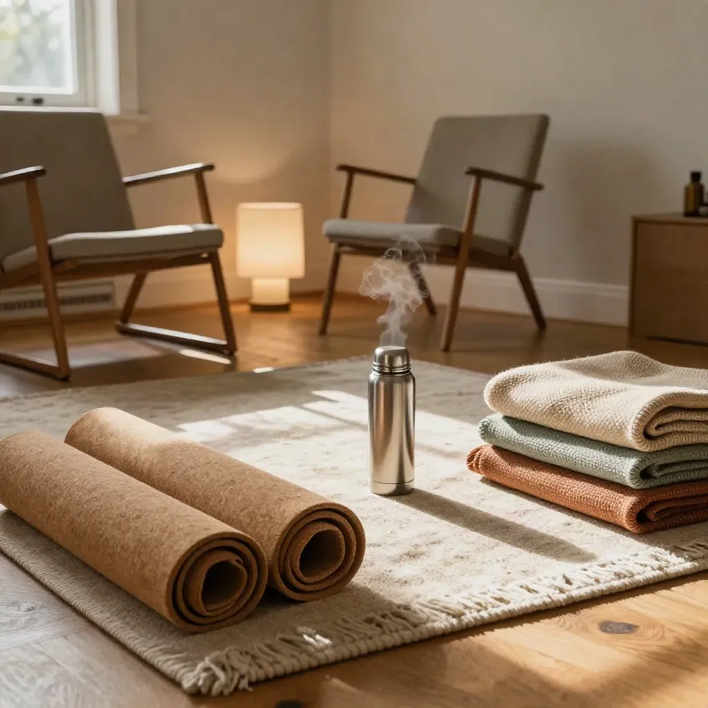 Cozy wellness lounge reset with mats, blankets, thermos, and empty chairs in warm window light.