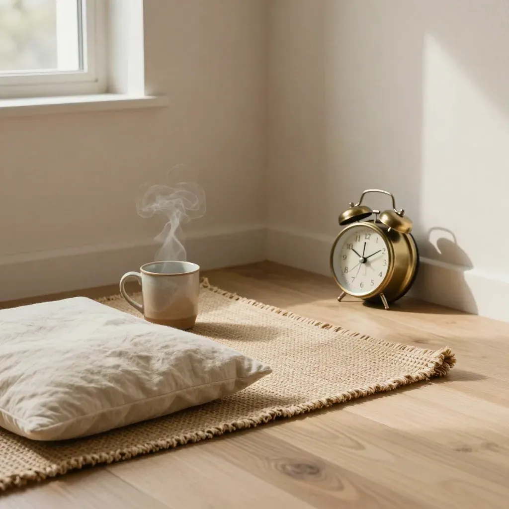 Sunlit wellness corner with cushion, folded mat, mug, and brass alarm clock.
