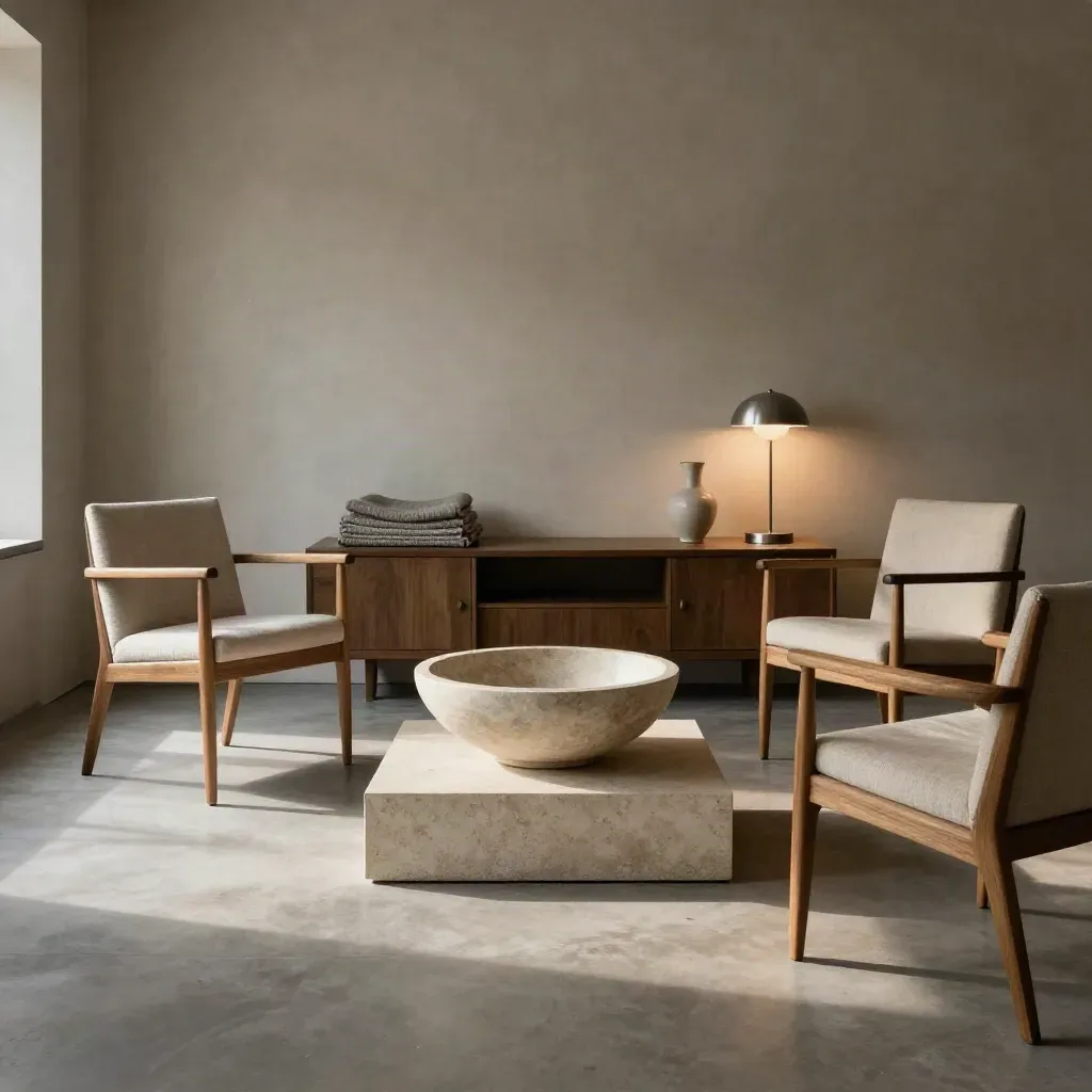 Minimal meeting room with chairs, stone bowl, sideboard and lamp in soft daylight.