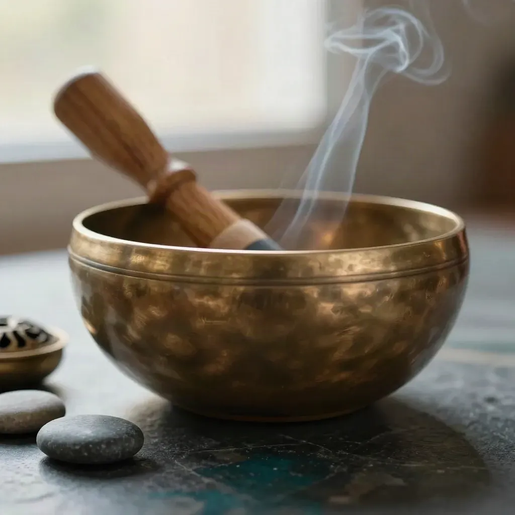 Brass singing bowl with cedar striker, stones, and incense smoke on dark stone
