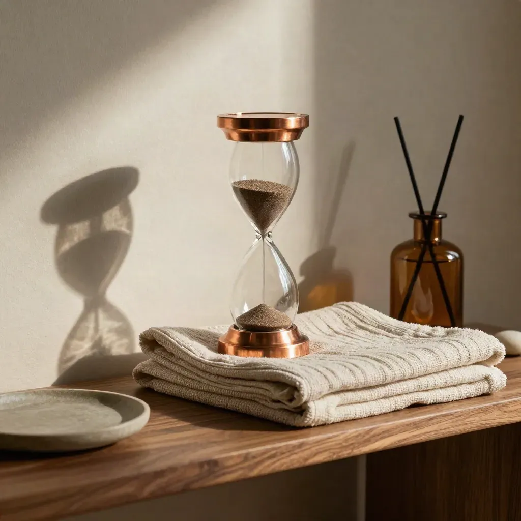Glass sand timer, copper chime, linen towel, and amber diffuser on walnut shelf