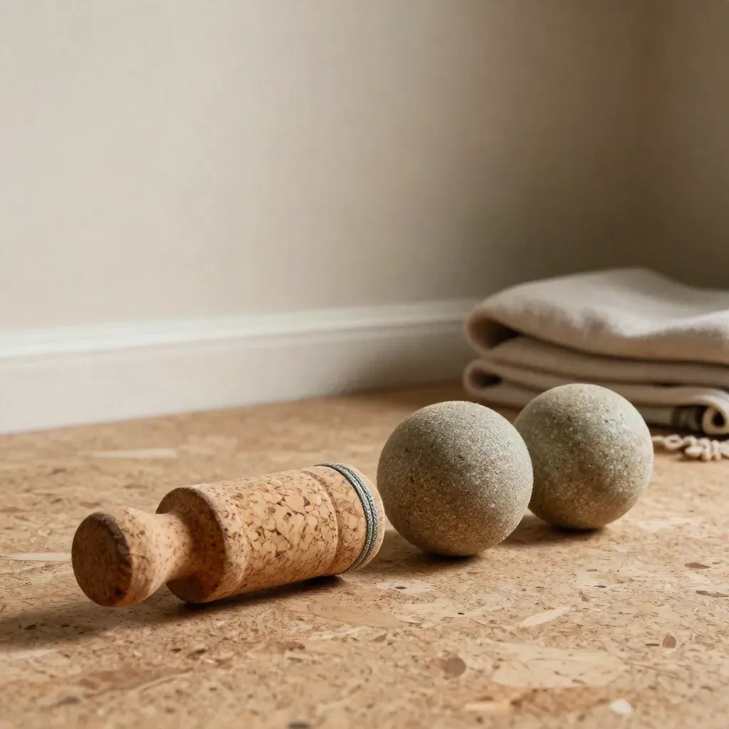 Cork roller, textured massage balls, and woven mat edge on a pale studio floor.