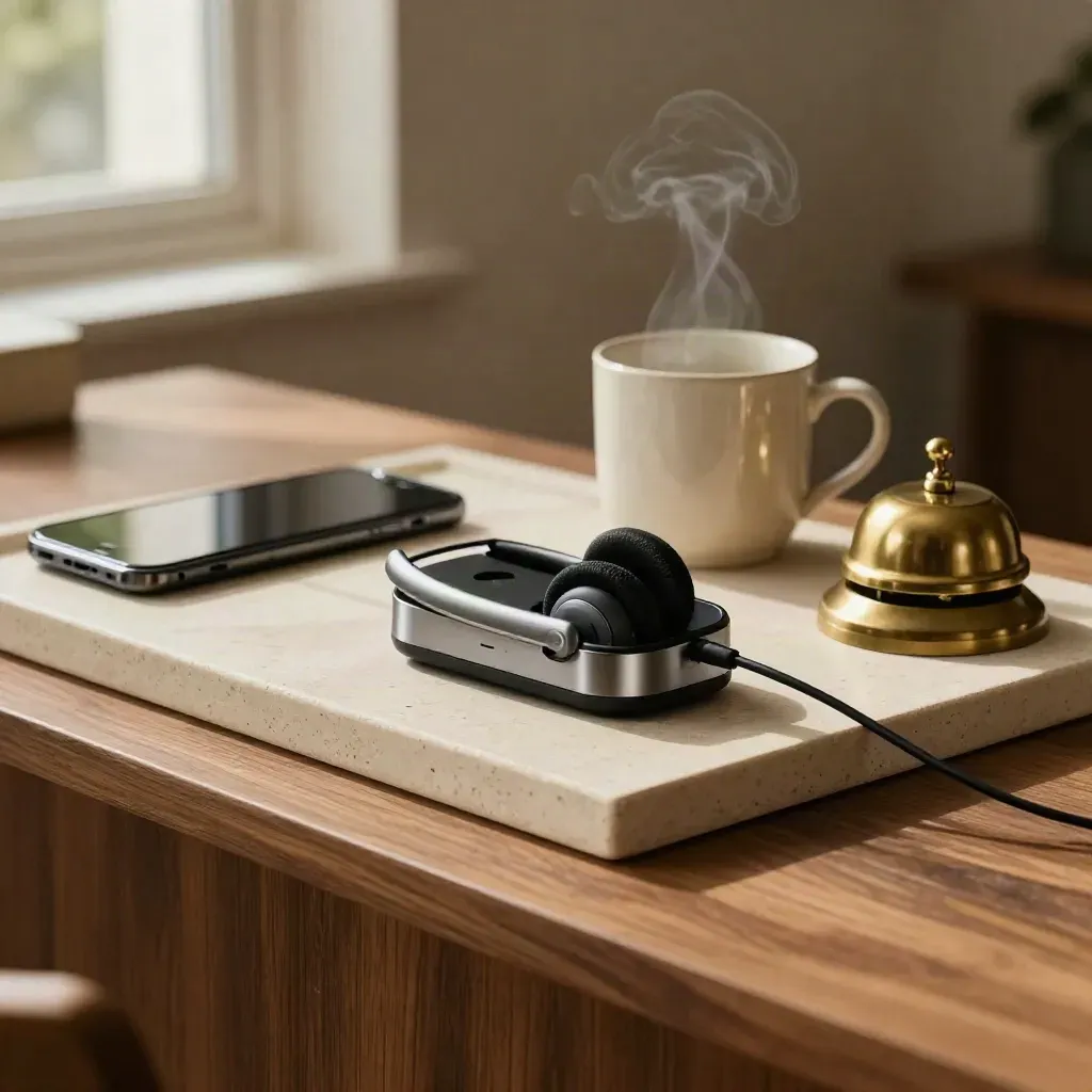 Cordless headset dock, face-down phone, mug and brass bell on a pale tray in soft daylight.