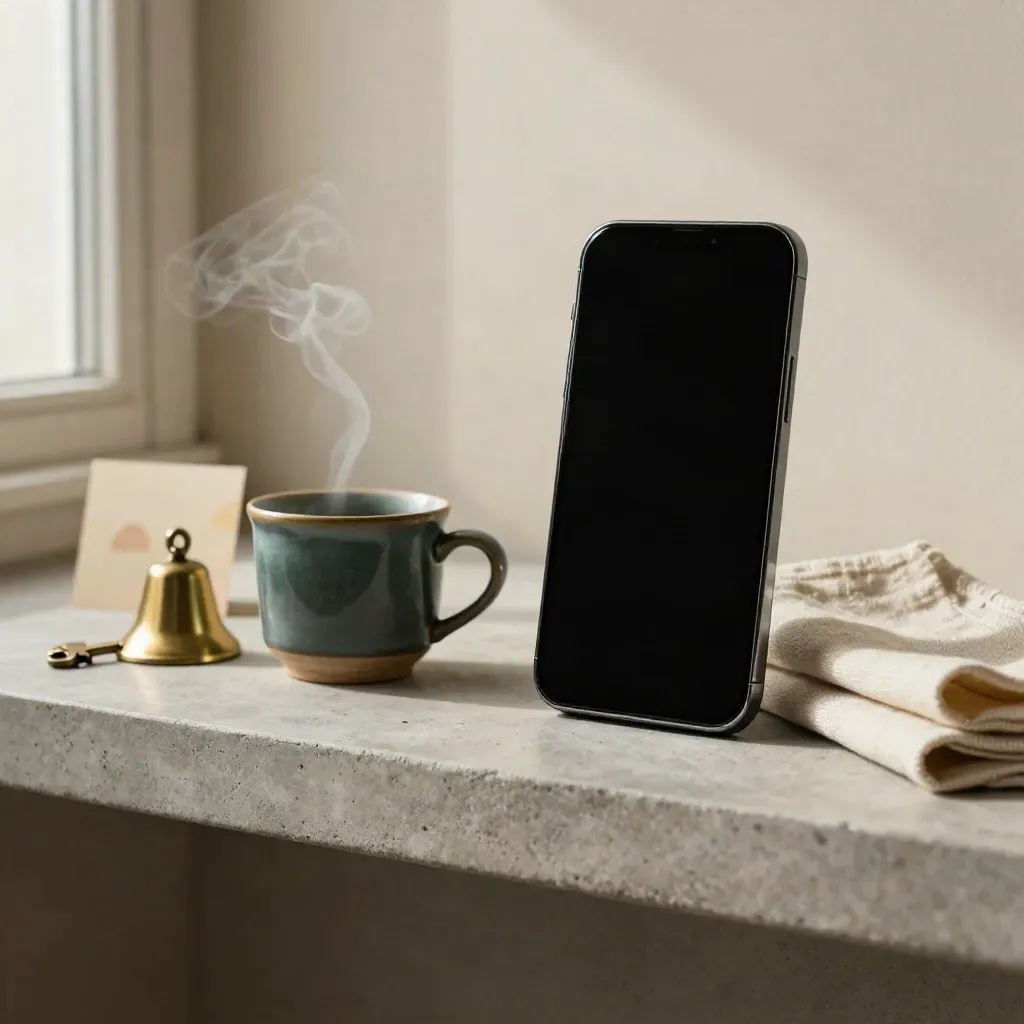 Phone, mug, brass bell, and linen on a stone shelf with steam rising
