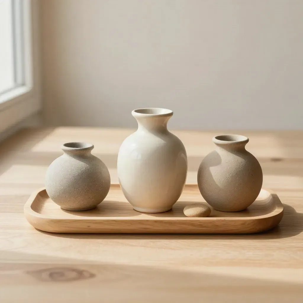 Three ceramic vessels on pale wood with a smooth pebble, top-down in soft daylight.