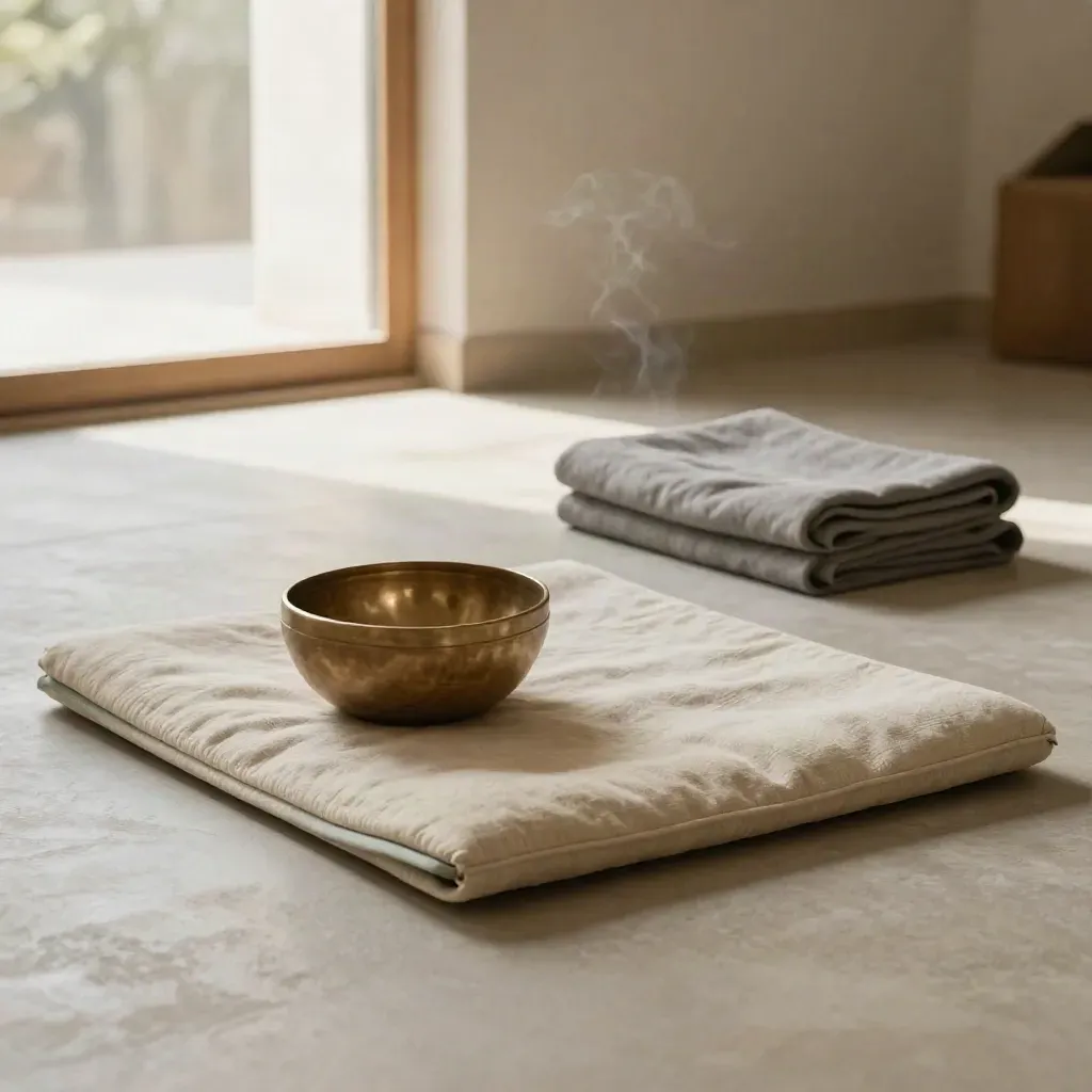 Floor cushion, rolled mat, brass bowl, and blanket by a glowing doorway