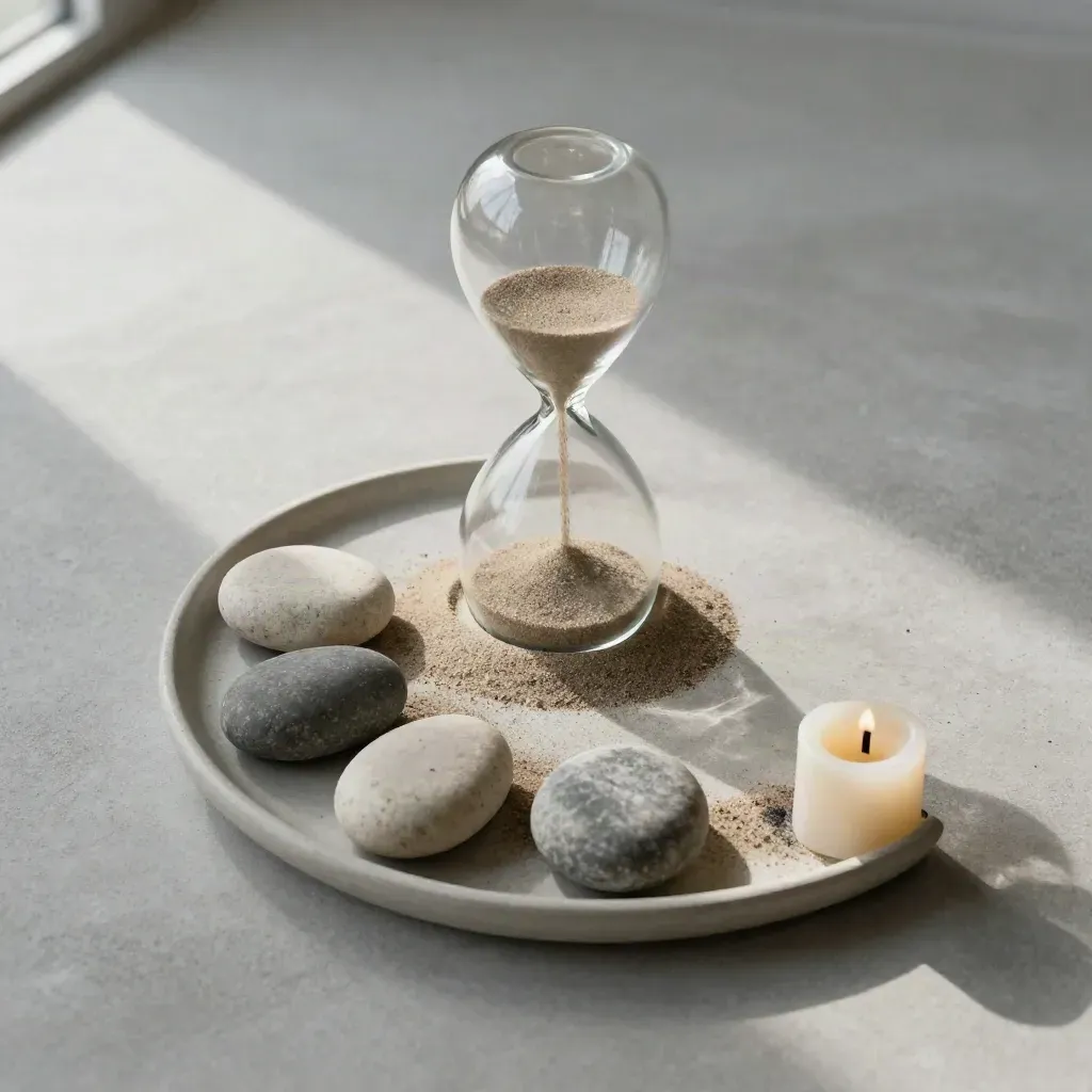 Top-down flatlay of an hourglass, tracking stones in a dish, and a candle stub on pale concrete.