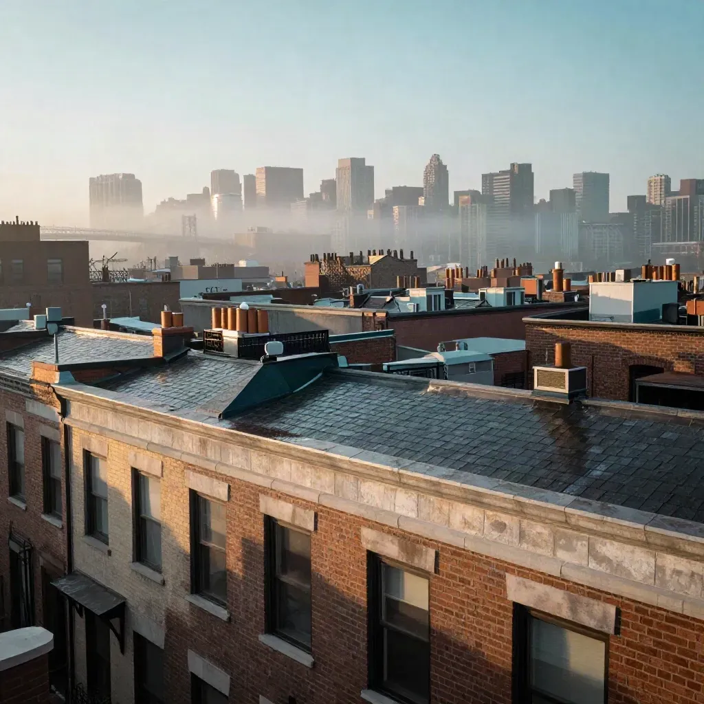 Dawn view of Brooklyn rooftops and brownstones fading into bridge haze after rain.
