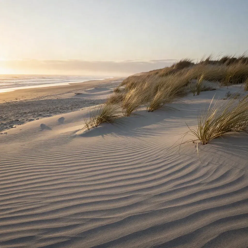 Golden-hour Long Island dunes, pale grass, silver surf and calm open sand.