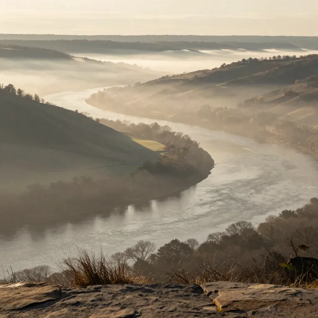 Foggy Hudson Valley river bend with layered hills at sunrise