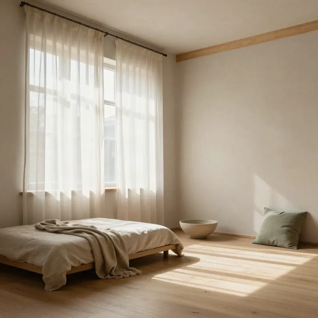Airy loft with sheer curtains, pale plaster, muted sage cushion, and a calm empty floor plane.